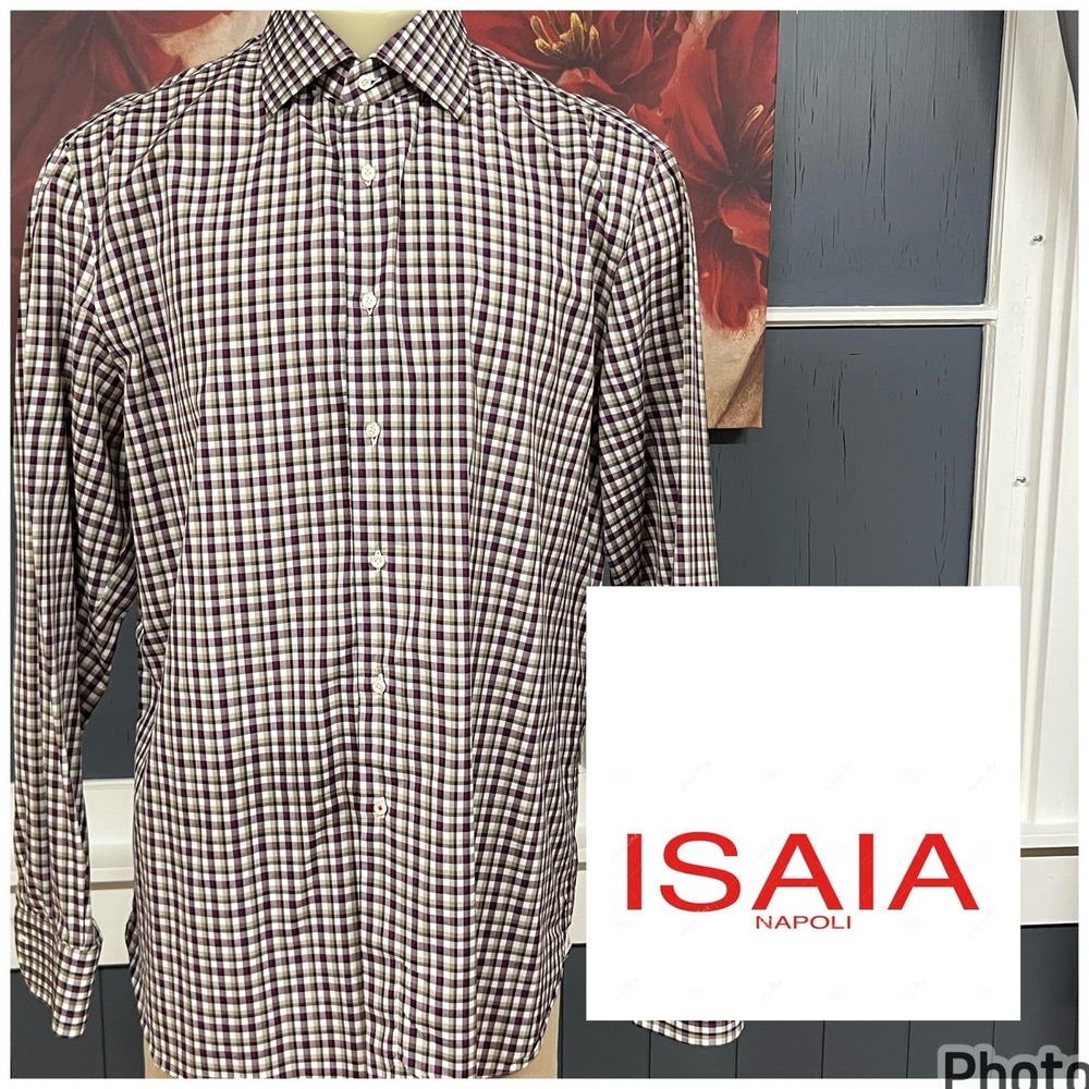 Isaia Napoli Dress Shirt Mens Sz 18.5 /46 (2XL) Button Up Purple/Tan/Black/White